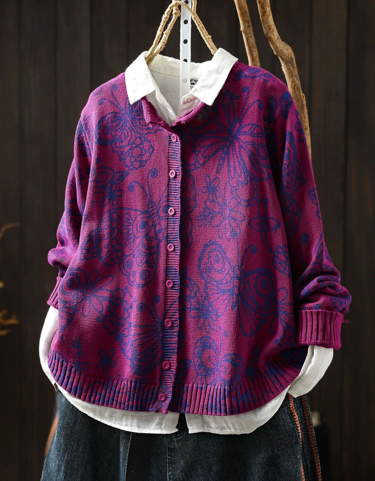 Purple Floral Knit Cardigan for Women – Vintage Purple Pattern Sweater