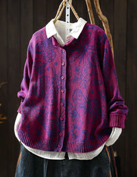 Purple Floral Knit Cardigan for Women – Vintage Purple Pattern Sweater