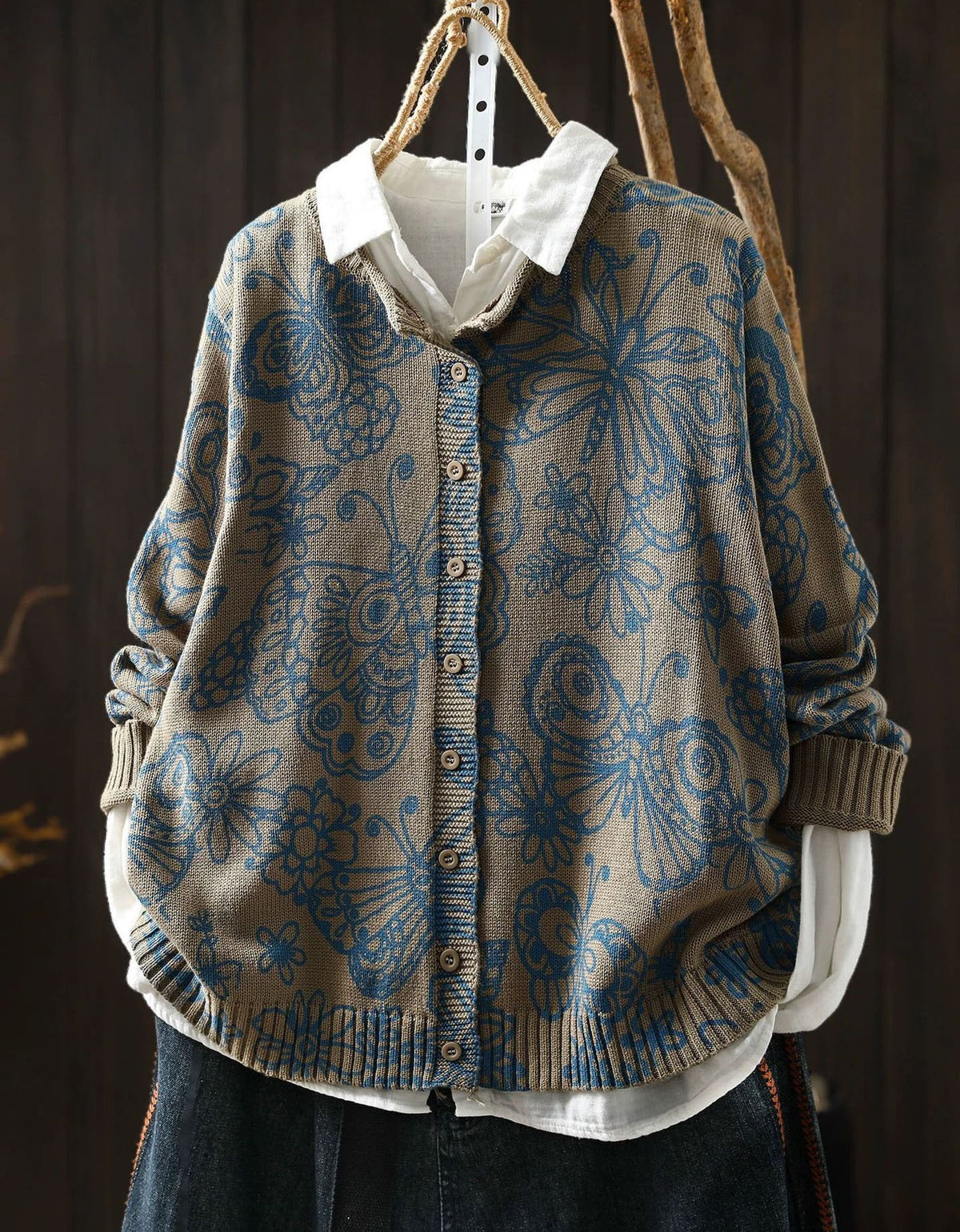 Vintage Floral Knit Cardigan for Women – Relaxed Button Front Sweater