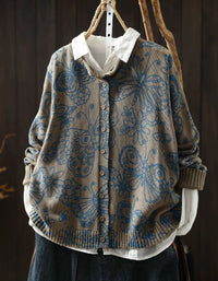 Vintage Floral Knit Cardigan for Women – Relaxed Button Front Sweater