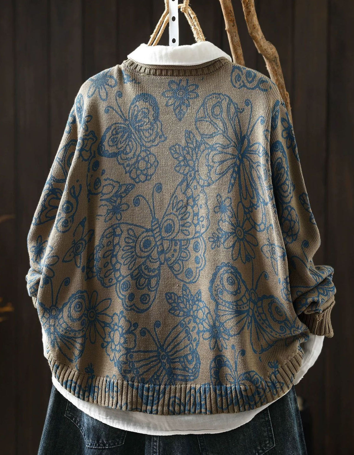 Vintage Khaki Floral Cardigan – Women's Khaki Knit Button Front Sweater