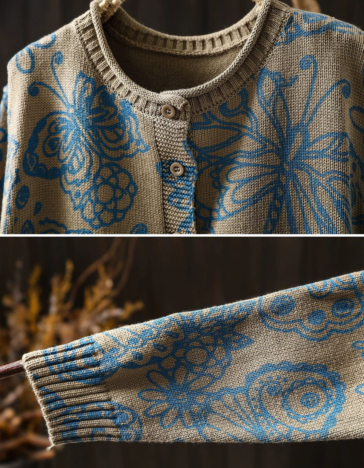 Women's Boho Floral Knit Cardigan – Vintage Relaxed Button Front Sweater