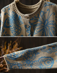 Women's Boho Floral Knit Cardigan – Vintage Relaxed Button Front Sweater