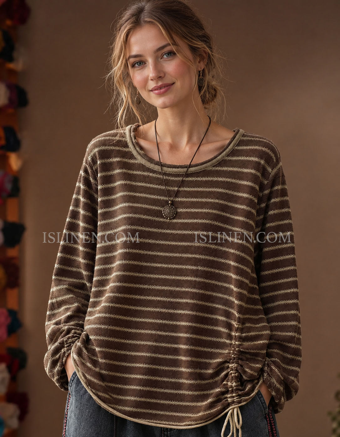 Women's brown striped ruched side knit top front view