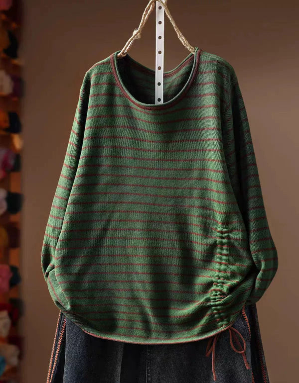 Green striped women's knit top with round neckline and long sleeves