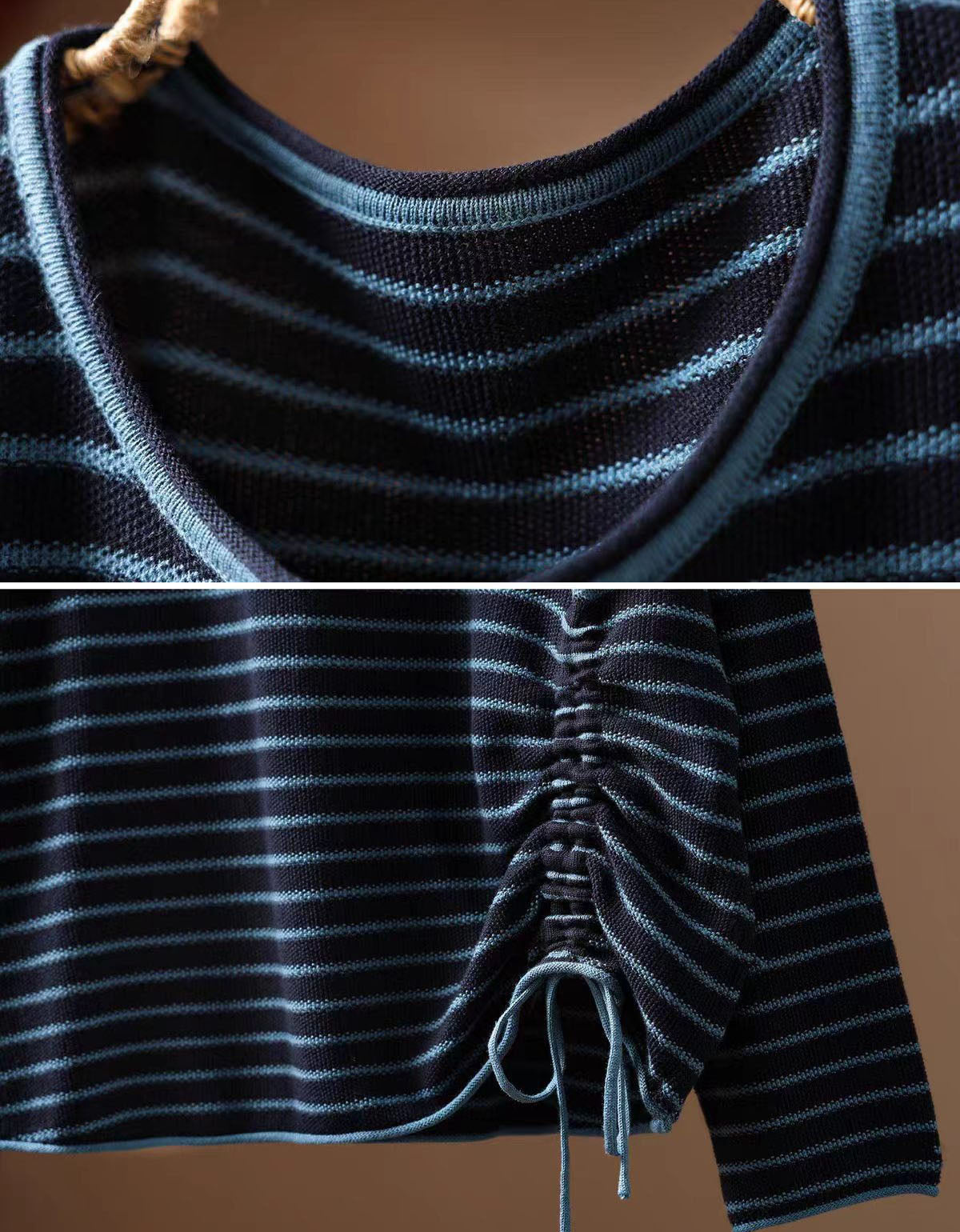 Close up of navy striped knit fabric on women's casual top