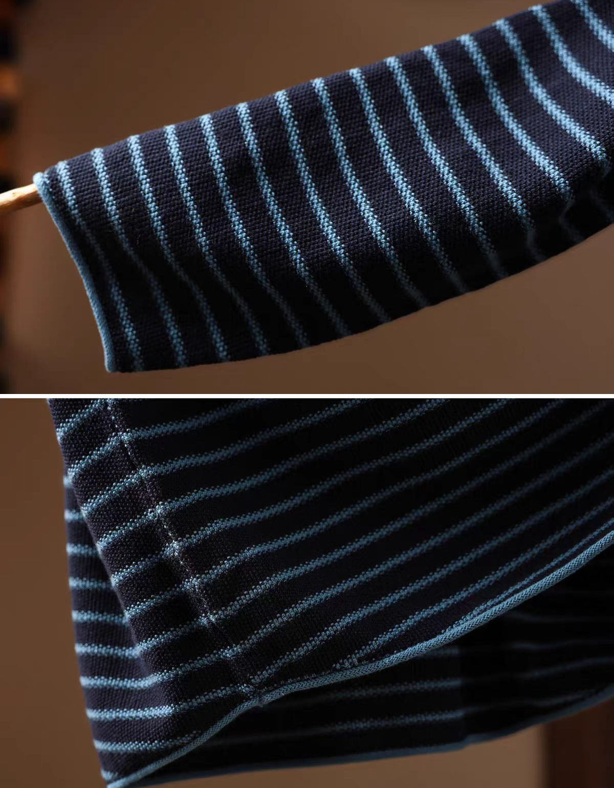 Close-up of a striped knit fabric, shown in two stacked panels, featuring dark navy and light blue vertical stripes.