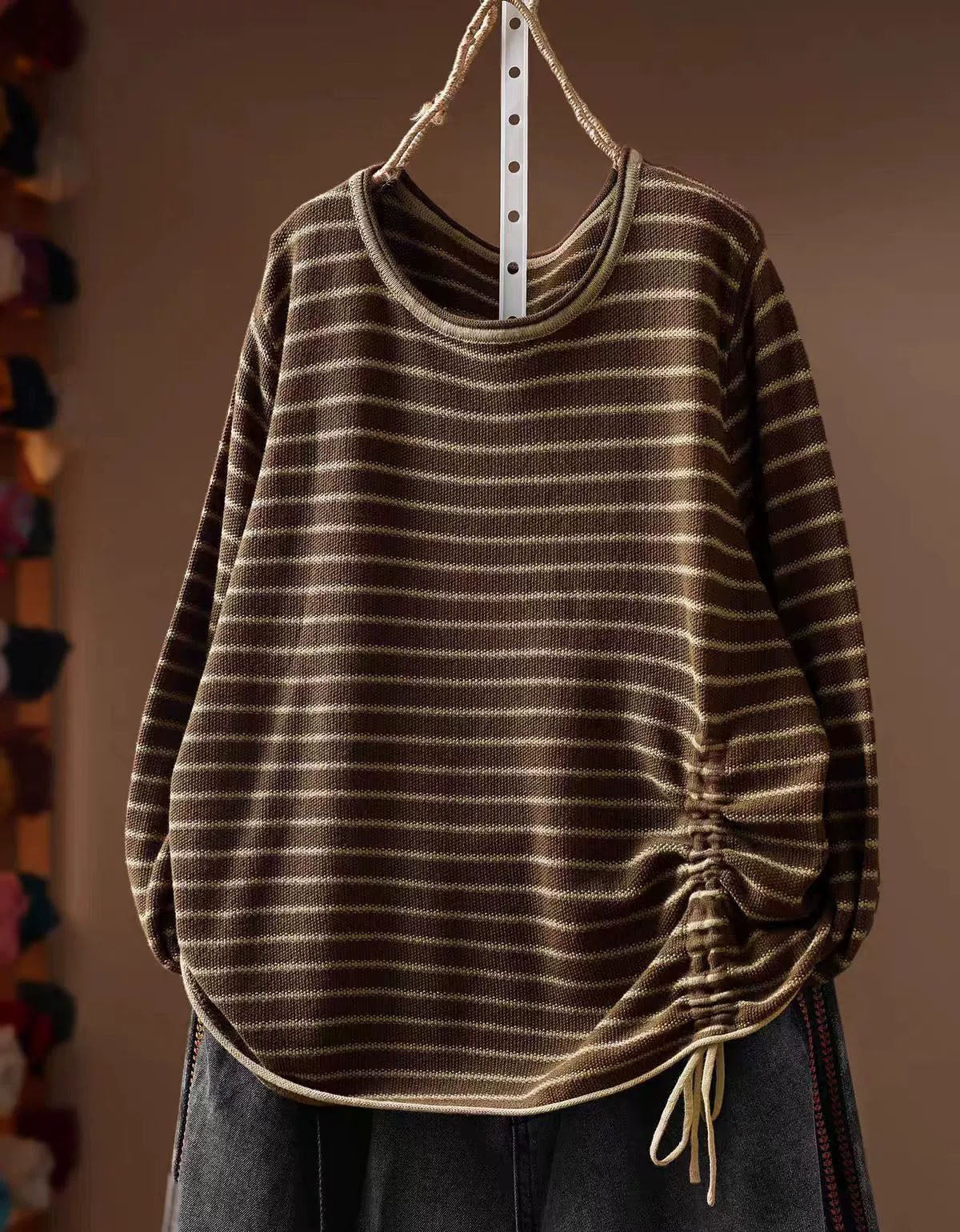 Women's coffee striped knit top with adjustable ruched side detail