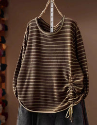 Women's coffee striped knit top with adjustable ruched side detail