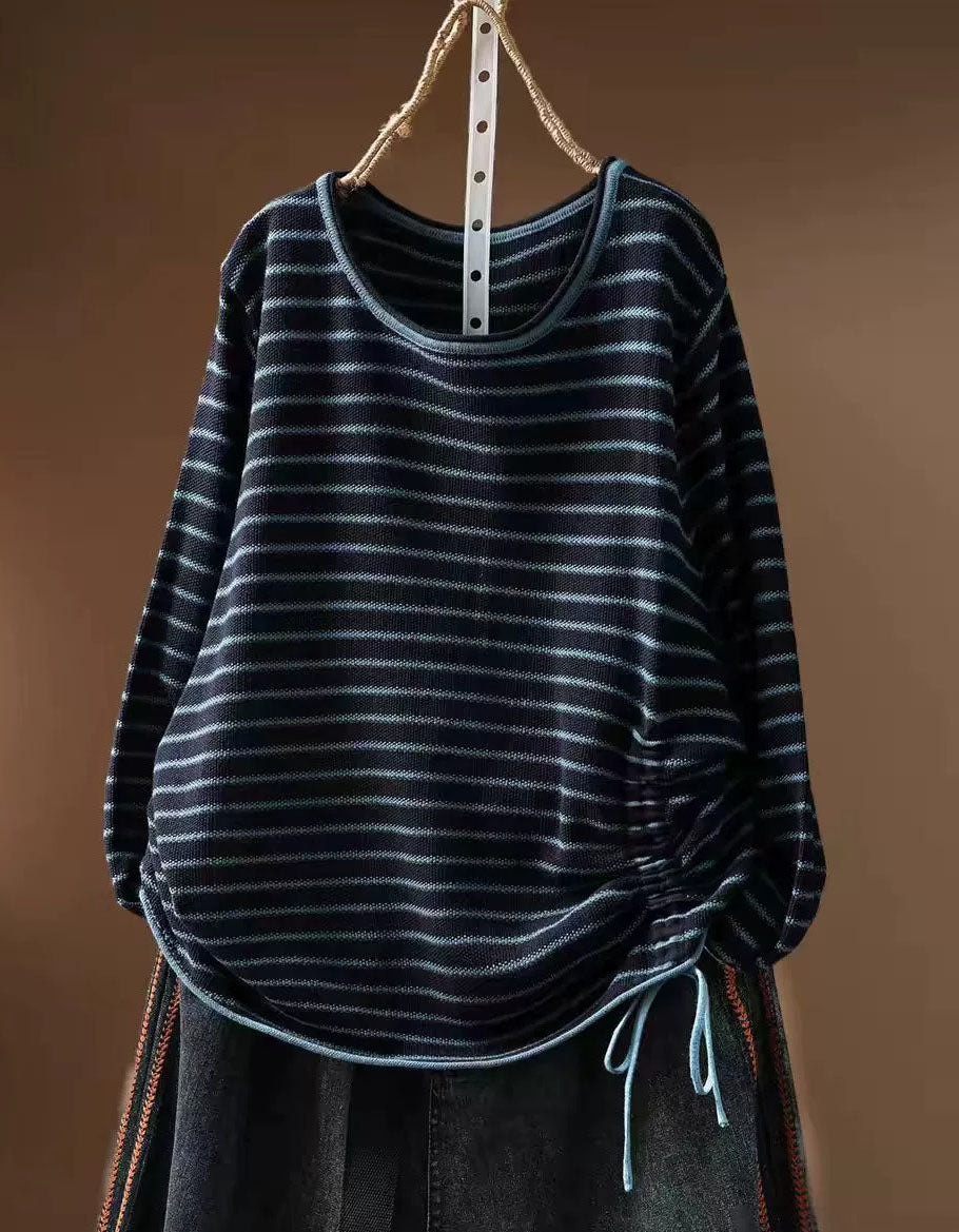 Navy striped women's knit top with round neckline and long sleeves