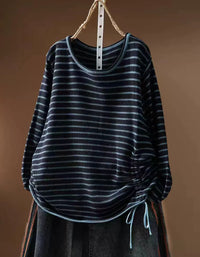 Navy striped women's knit top with round neckline and long sleeves