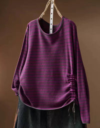 Rose striped women's knit top with round neckline and long sleeves