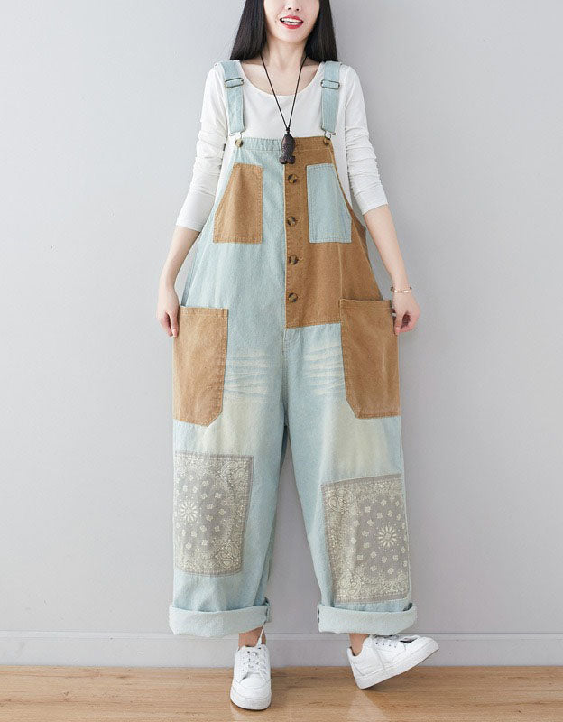 Women's Denim Patch Oversize Loose Wide-Leg Jumpsuit
