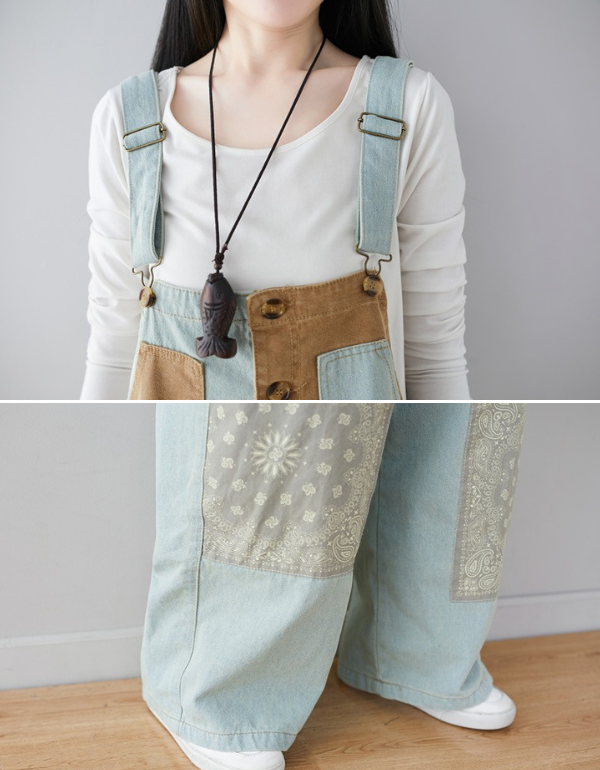 Women's Denim Patch Oversize Loose Wide-Leg Jumpsuit