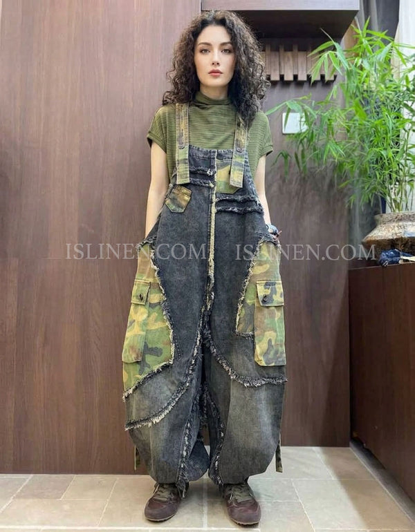 Women's Distressed Denim Camo Patchwork Cargo Overalls