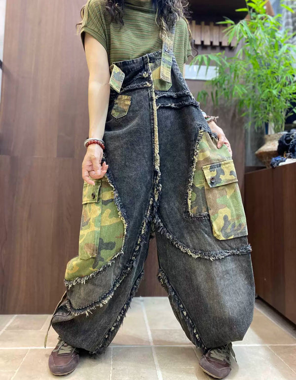 Women's Vintage Denim Camo Patchwork Cargo Overalls