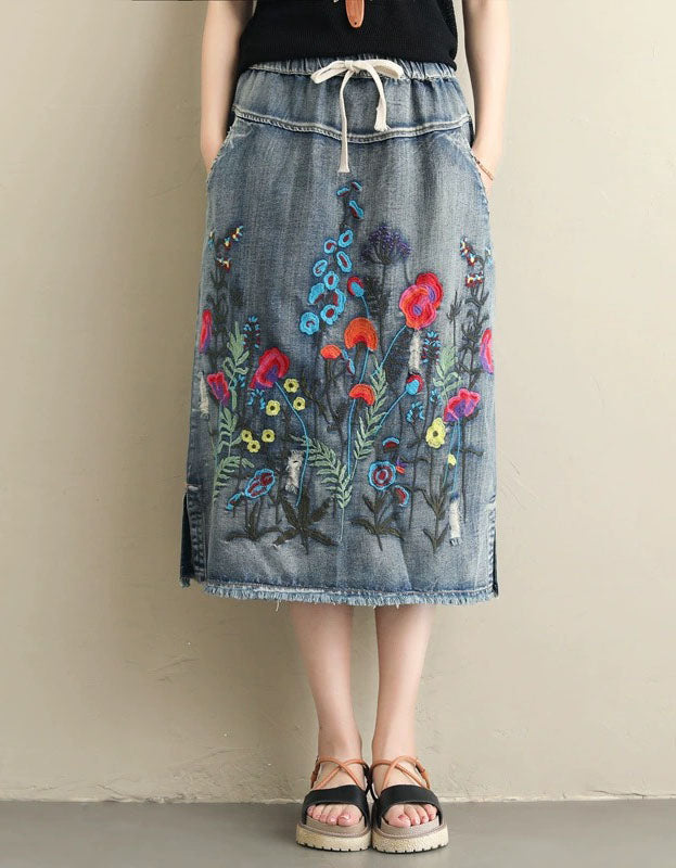 women’s embroidered denim midi skirt with colorful floral embroidery
