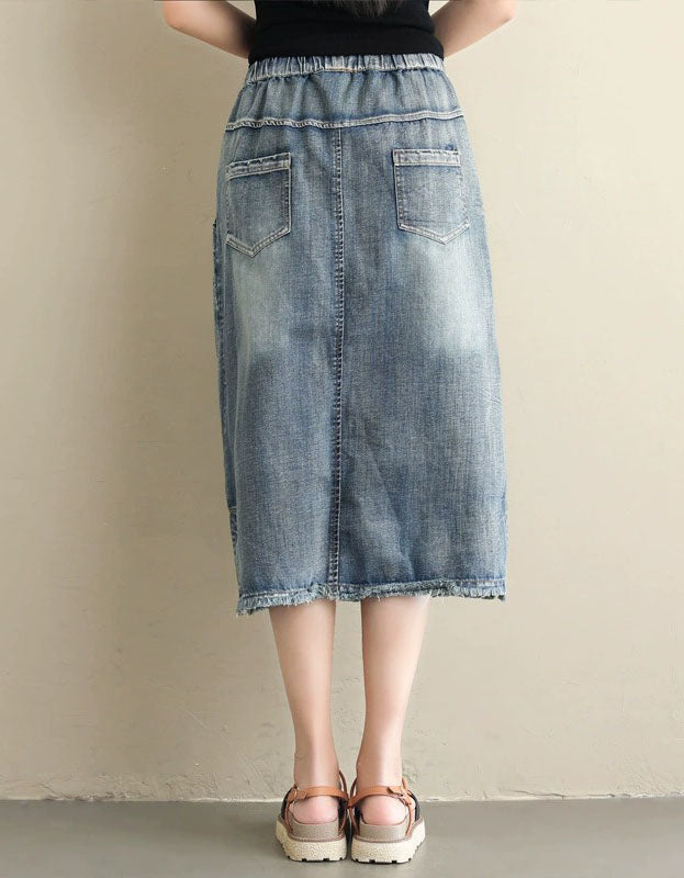 women’s light blue drawstring denim skirt with floral embroidery back view