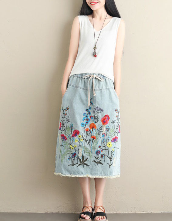 vintage light blue floral embroidered denim skirt for women front view