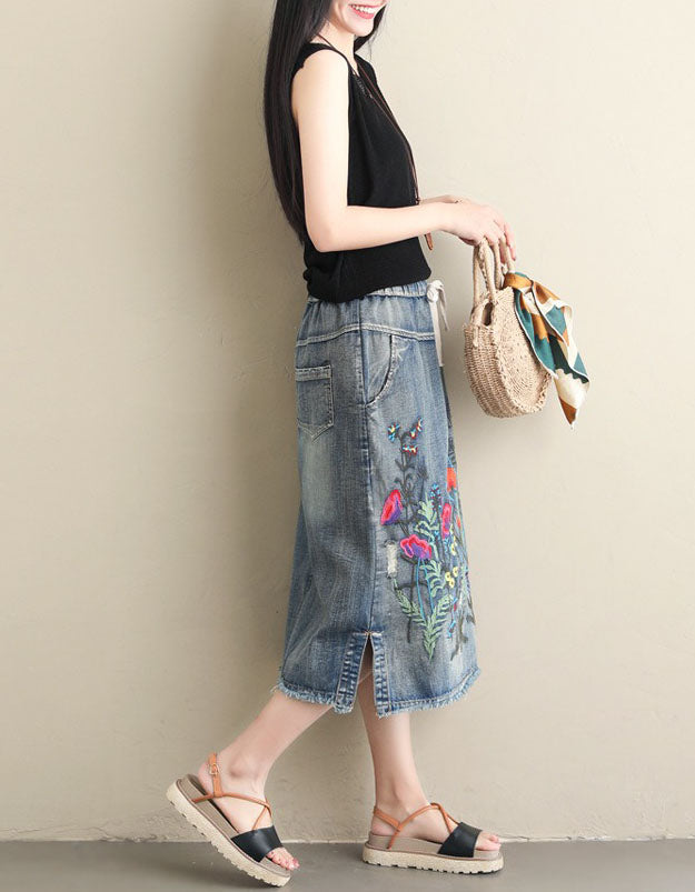 women’s casual denim skirt with drawstring waist side view