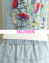 soft washed denim fabric embroidered midi skirt for women