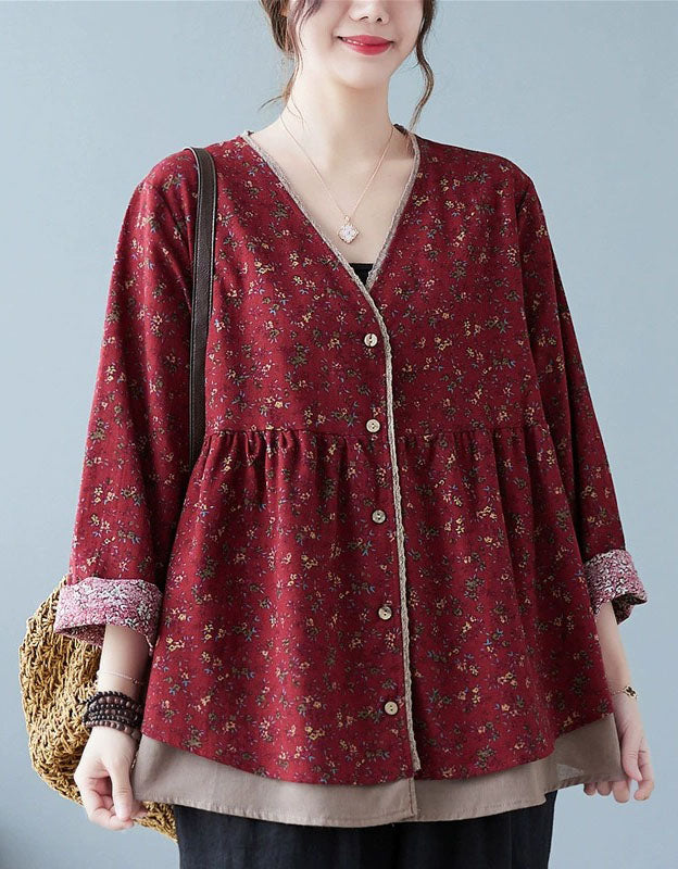 Front view of red women’s floral button front top with long sleeves and relaxed fit
