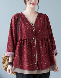 Front view of red women’s floral button front top with long sleeves and relaxed fit