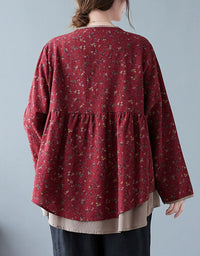 Back view of red women’s floral button front top with long sleeves and relaxed fit