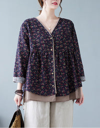 Women’s floral button front v-neck top in navy blue with relaxed fit and long sleeves