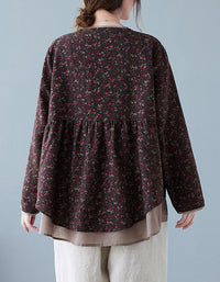 Back view of coffee women’s floral button front top with long sleeves and relaxed fit