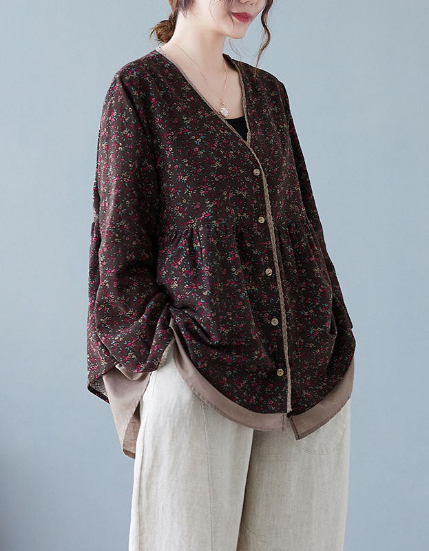 Side view of coffee women’s floral button front top with long sleeves and relaxed fit