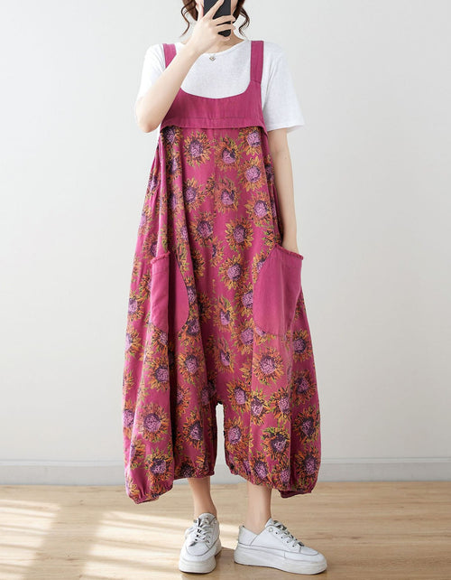 Women’s floral denim harem jumpsuit front view