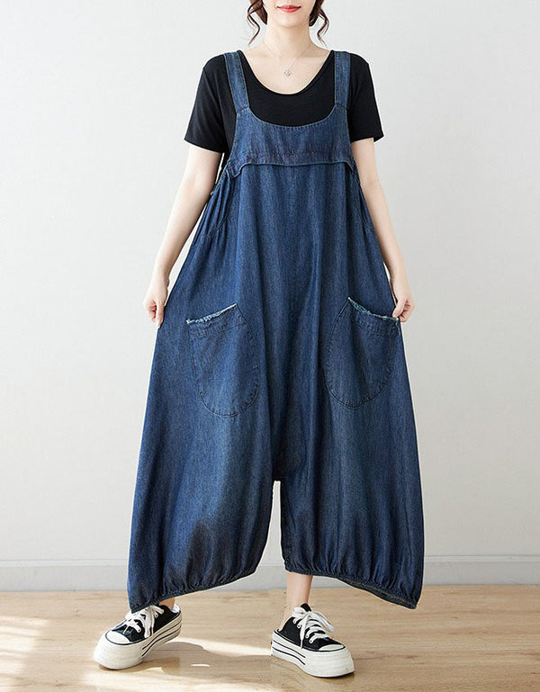 Boho floral denim harem jumpsuit with pockets