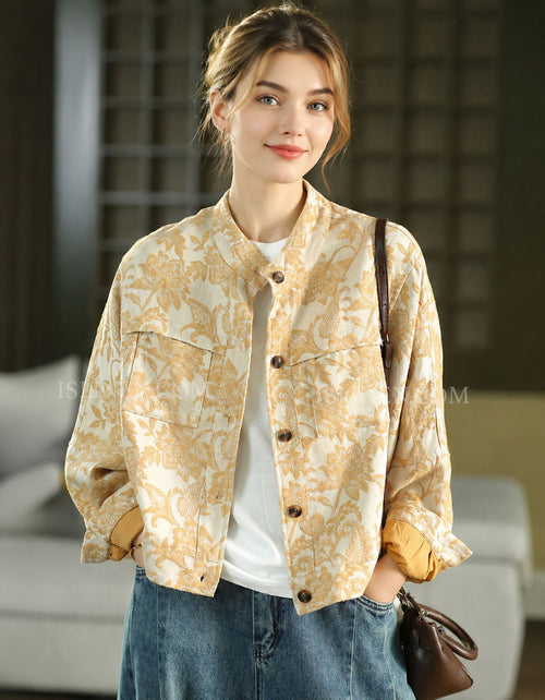 Women's Floral Jacquard Button Front Cropped Jacket