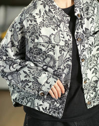 Women's Floral Pattern Collared Cropped Jacket Top