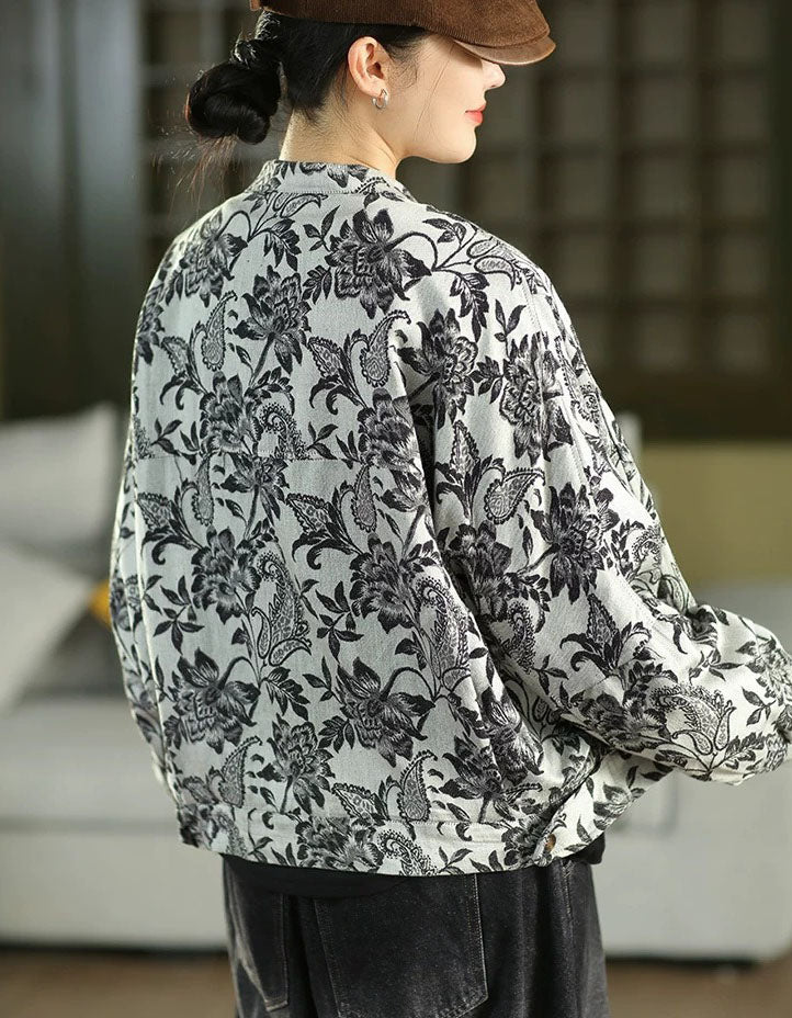 Women's Floral Jacquard Collared Cropped Jacket Top