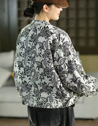 Women's Floral Jacquard Collared Cropped Jacket Top