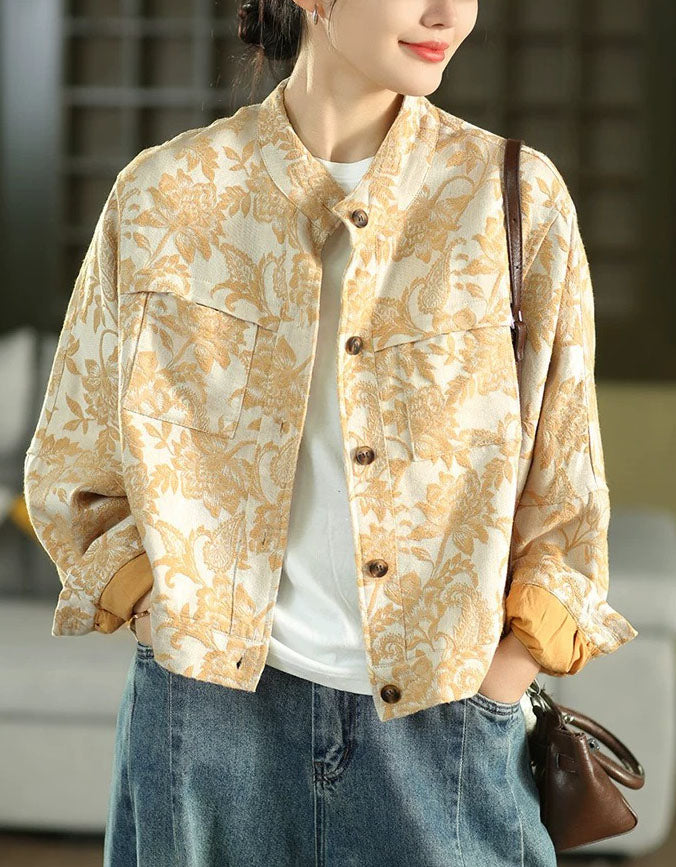 Women's floral jacquard button front cropped jacket