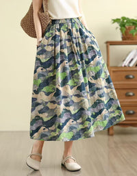 Women’s Floral Linen Midi Skirt with Elastic Waist