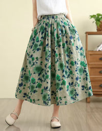 Women’s Floral Linen Midi Skirt with Elastic Waist