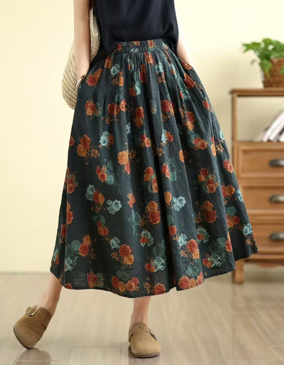 Women’s Floral Linen Midi Skirt with Elastic Waist