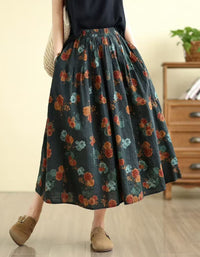 Women’s Floral Linen Midi Skirt with Elastic Waist