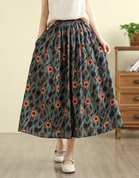 Women’s Floral Linen Midi Skirt with Elastic Waist