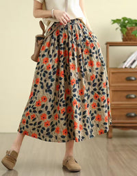Women’s Floral Linen Midi Skirt with Elastic Waist
