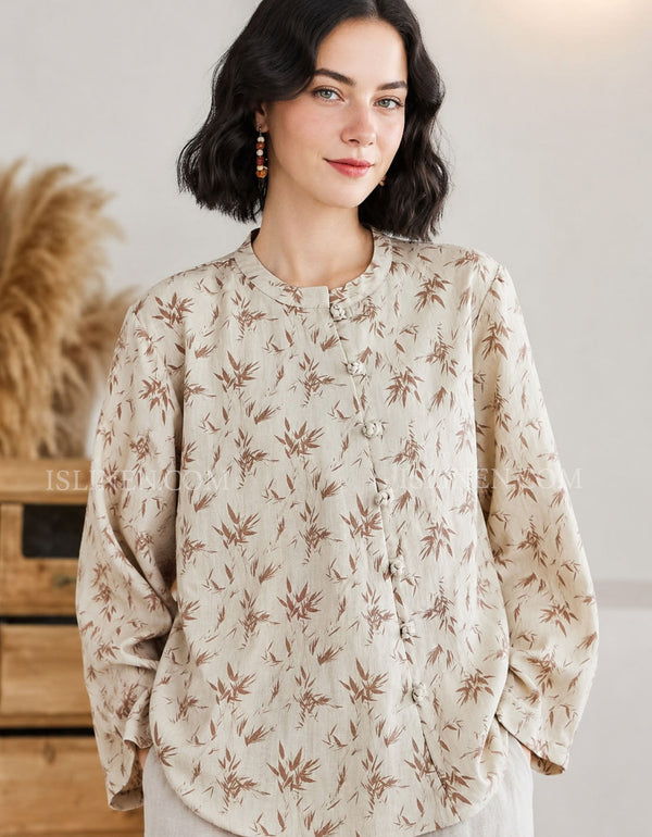 Women’s Floral Mandarin Collar Linen Button Blouse