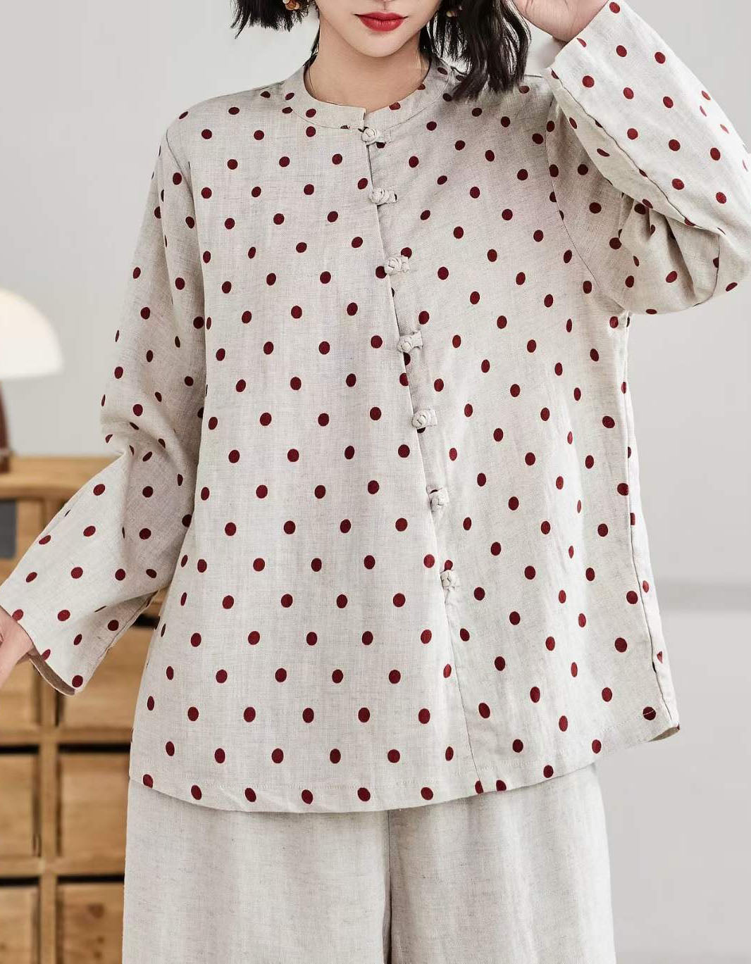 Women’s Vintage Floral Mandarin Collar Linen Blouse