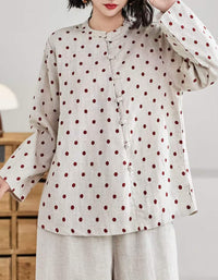 Women’s Vintage Floral Mandarin Collar Linen Blouse