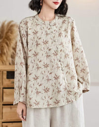 Women’s Printed Linen Blouse with Mandarin Collar