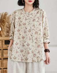 Women’s Vintage Floral Linen Blouse with Chinese Collar