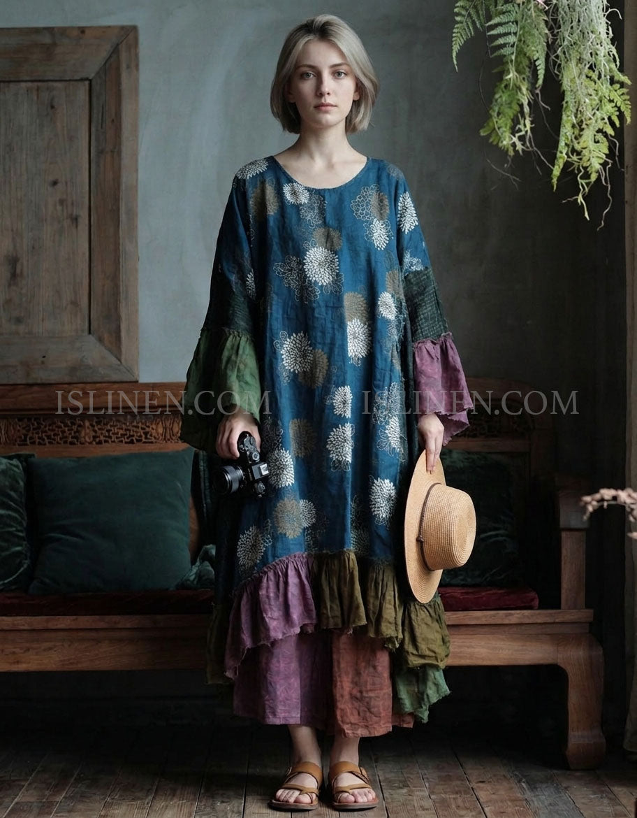 Women's vintage patchwork linen maxi dress with floral print and ruffle hem